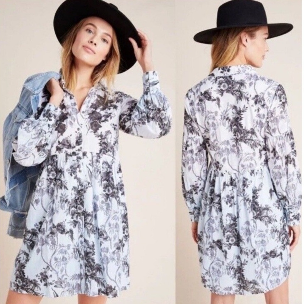 ANTHROPOLOGIE Lavinia Embroidered Ombre Floral Shirt Dress Size 2